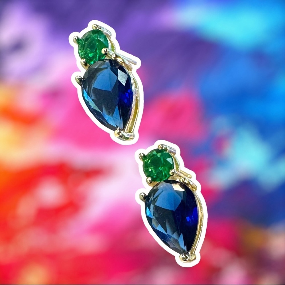 NEW Green & Blue Crystal CZ Goldtone Teardrop Stud Earrings - Picture 11 of 15